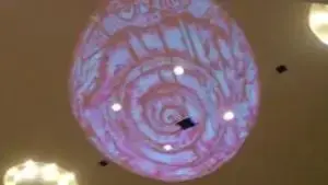 alt="天井に映し出される「アンモナイト」のイルミネーション"